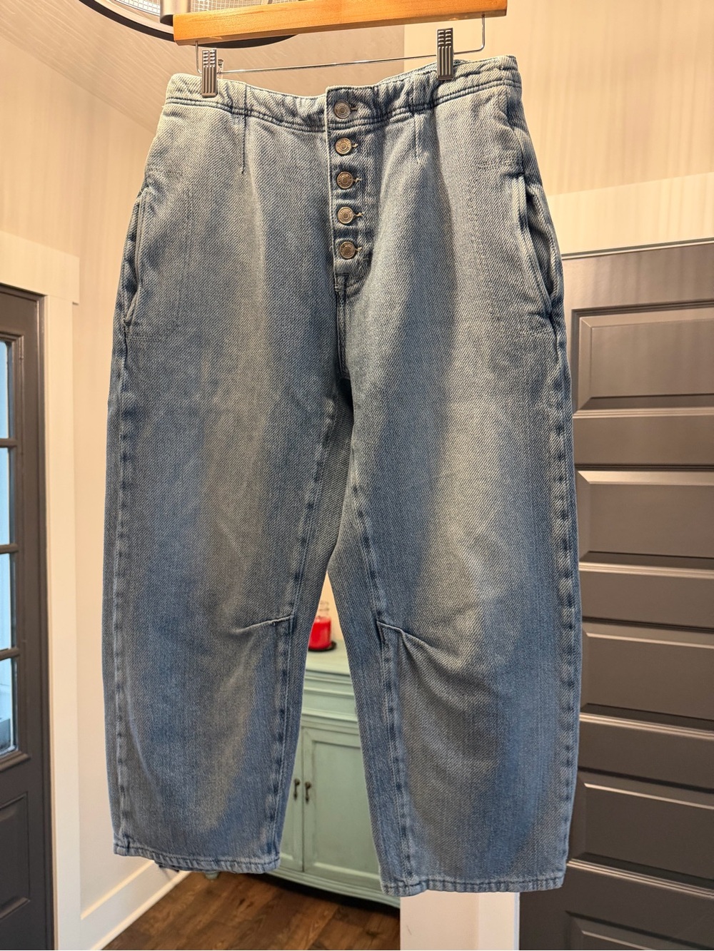 Free People Light Blue High-Rise Button-Fly Capris